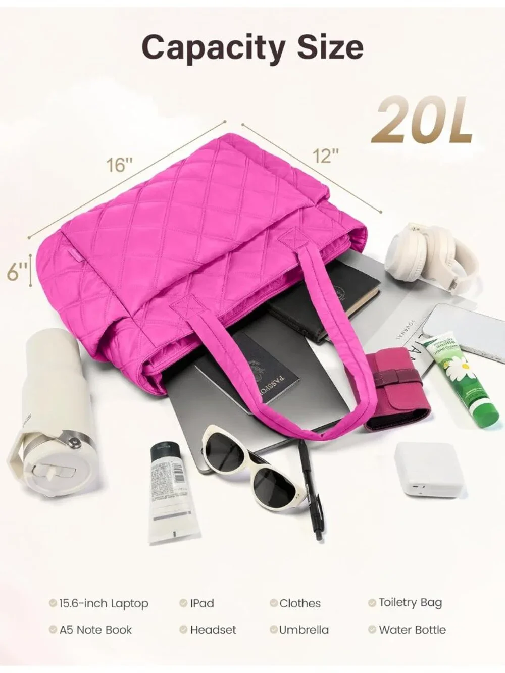 👜Women's Raspberry Pink Puffer Tote Bags Lightweight Quilted Work For Travel